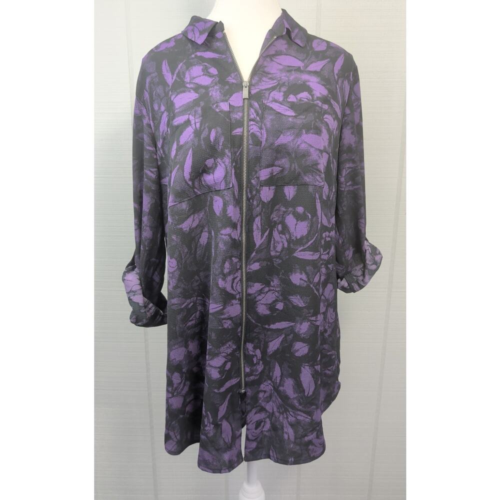 Rock & Republic Tunic Blouse Full Zip Purple Black Abstract Floral MED Roll-Tab
